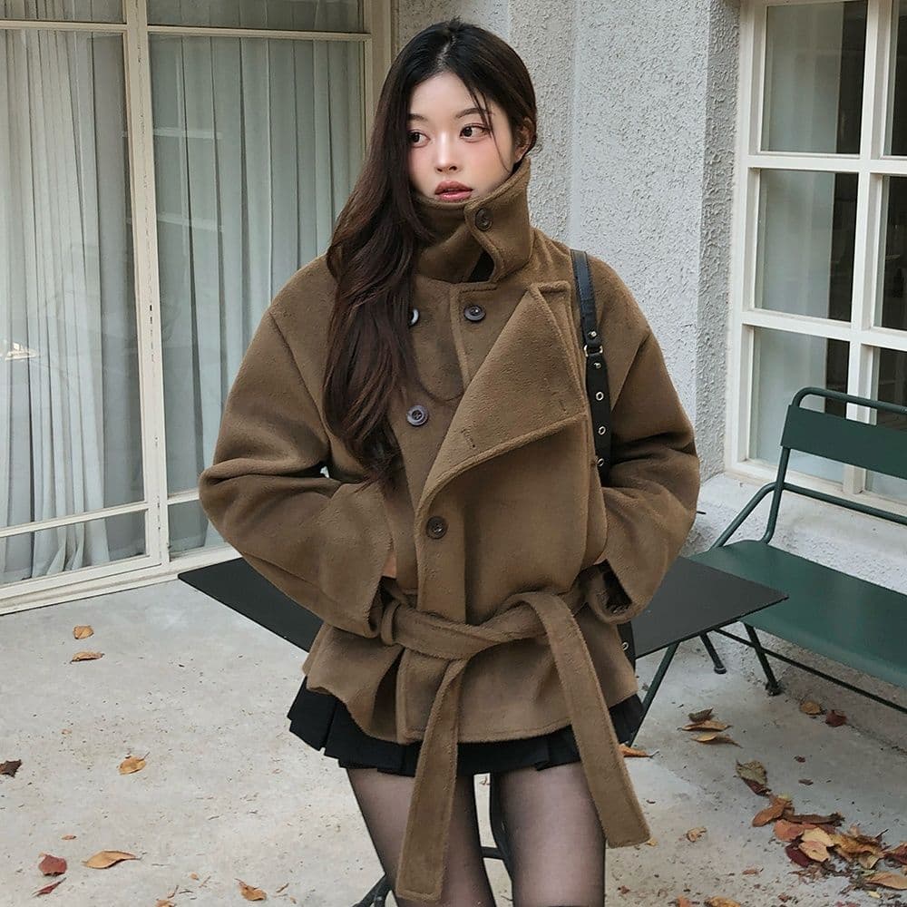 Korean ins blogger style retro temperament 2025 autumn and winter lazy stand-up collar woolen jacket lace-up short coat