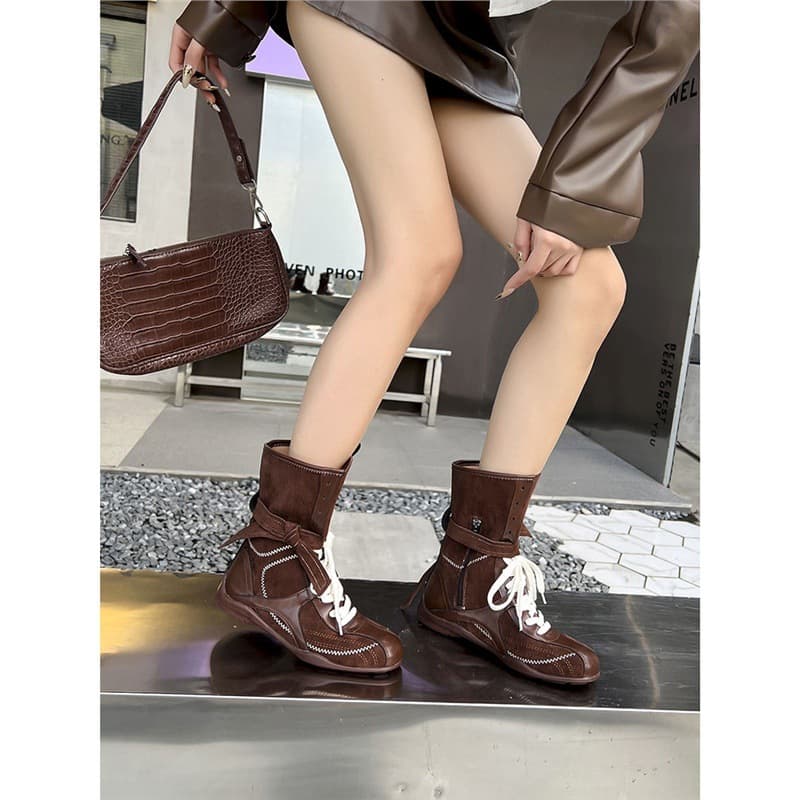 2026 Autumn New Petite Height-Increasing Duck Boots for Women, Versatile Color-Block Lace-Up Boxing Boots, Outdoor Workwear Martin Boots