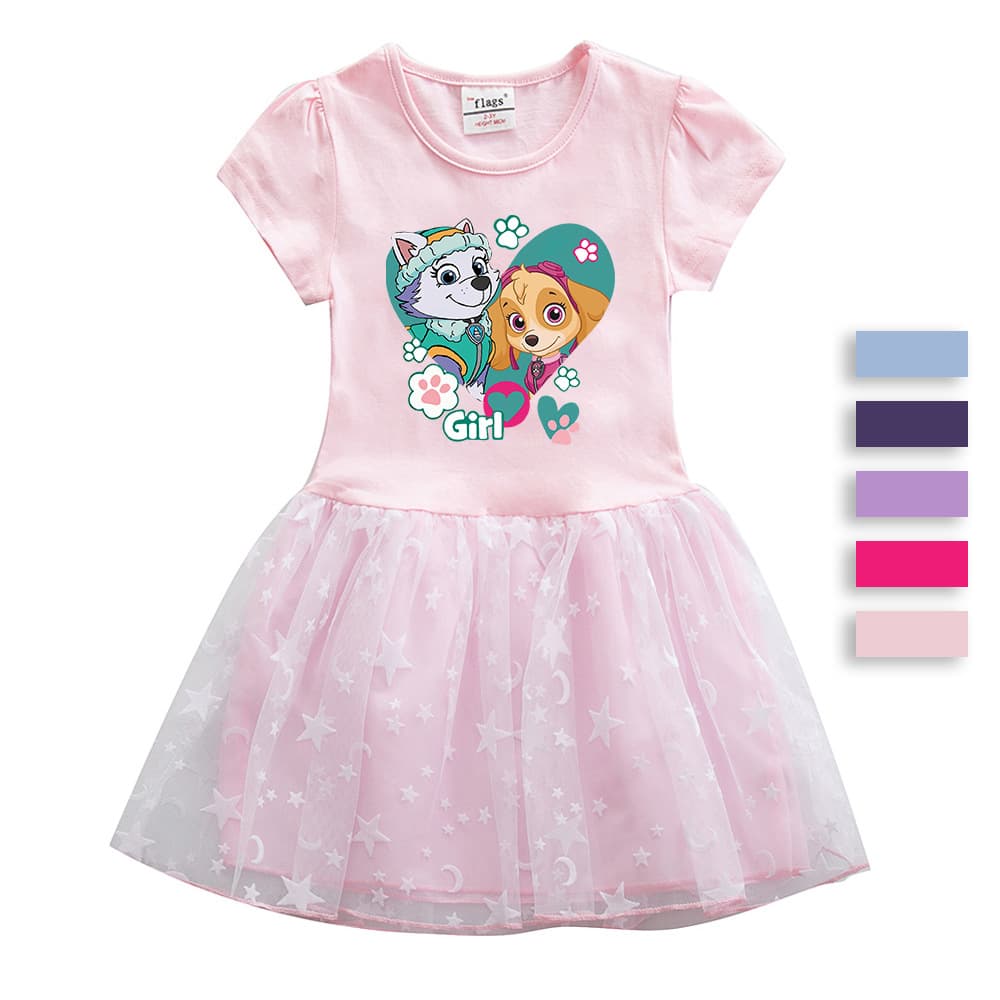 Paw Patrol Girls Dress Summer New Style Girls Small and Medium Children Cotton Short Sleeve Sweet Mesh Princess Skirt