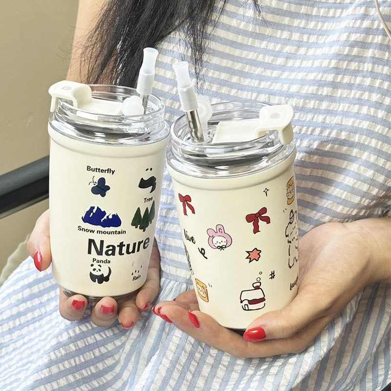 Forest Panda 316 Stainless Steel Insulated Cup, Ins Style High Appearance Female Hand-drawn Straw Cute Portable Coffee Water Cup