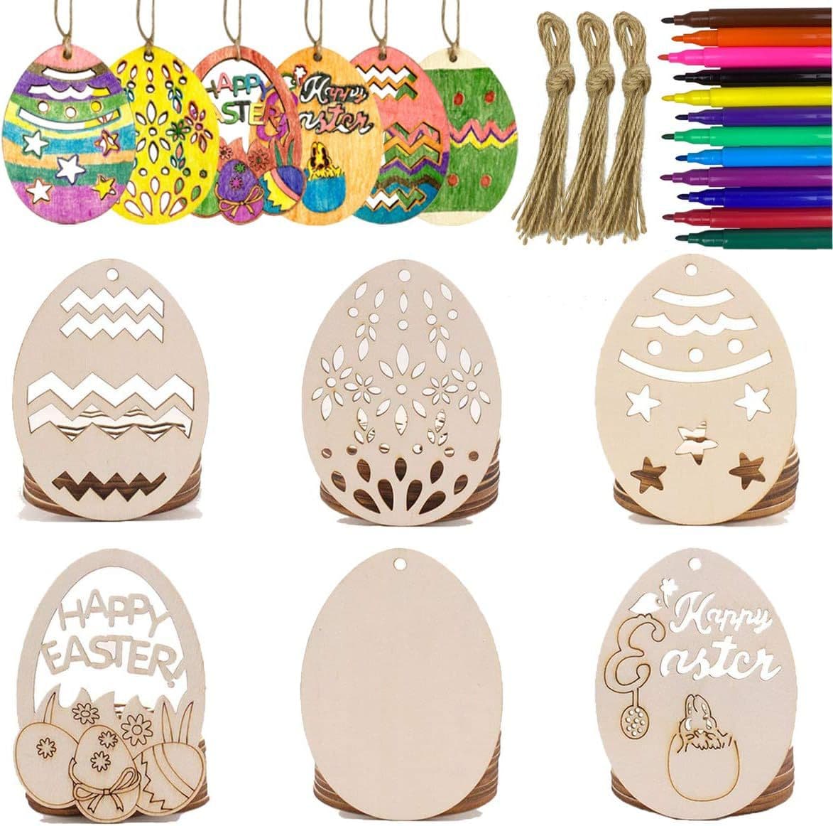 Anditoy 30 PCS Easter Wooden Hanging Ornaments Unfinished Wood.