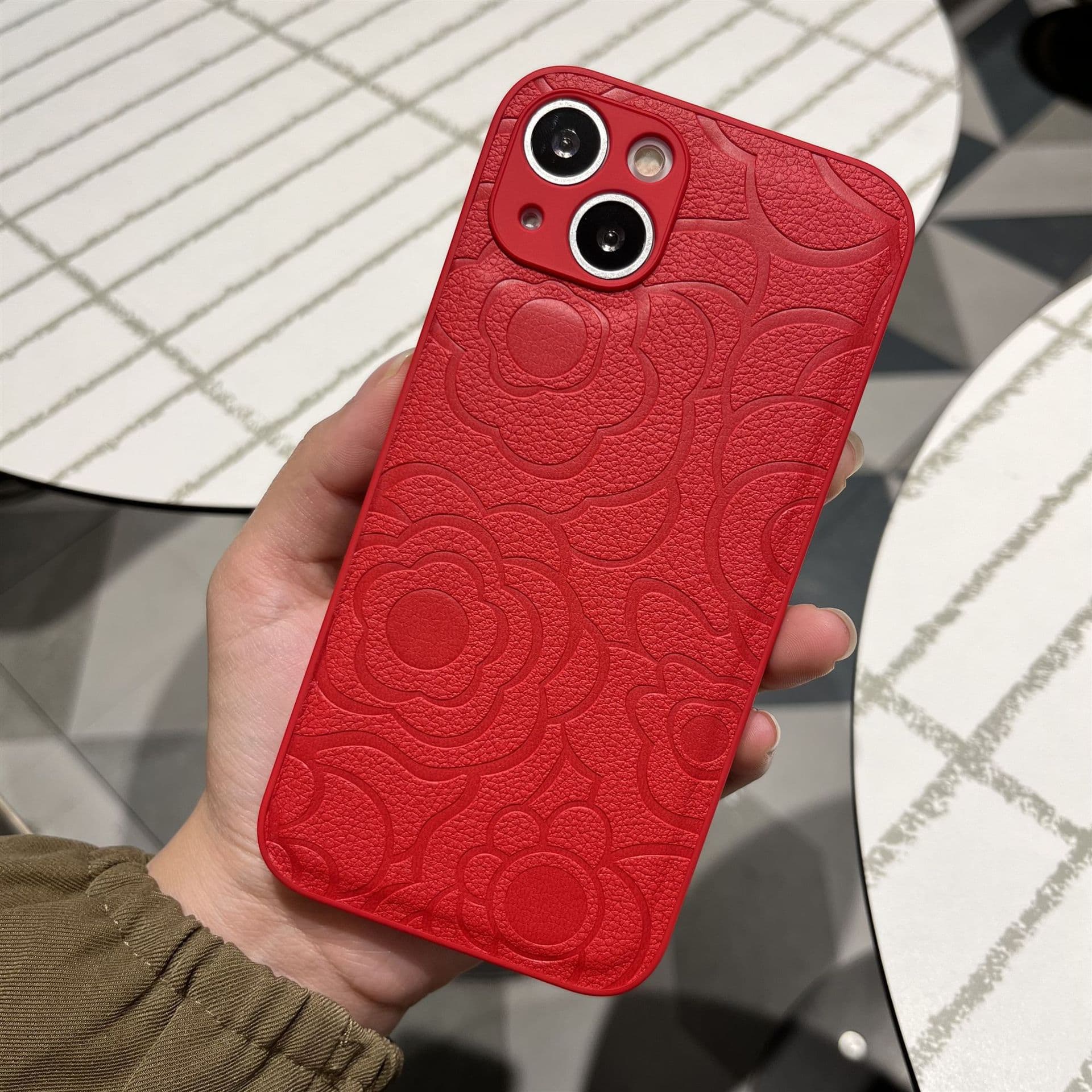 Compatible with Apple 17 Pro Max Phone Case iPhone 16 New Year Red Leather Texture Floral Silicone 14 Little Chanel Style Phone Cover