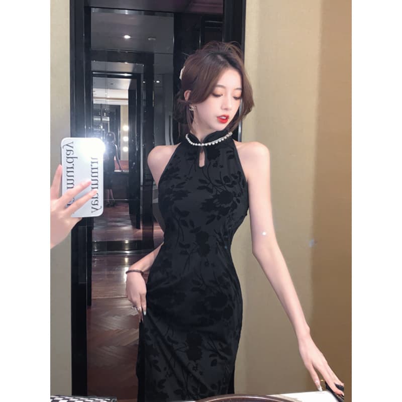 [Collected by 3699 people] New Chinese style cheongsam dress black evening dress light luxury niche temperament socialite slit