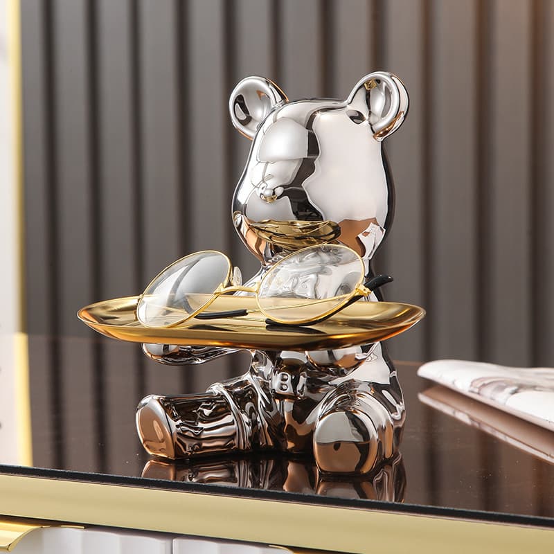 Violent Bear Tray Ornament, Entryway Key Storage, Modern Light Luxury Electroplated Ceramic Entryway Shoe Cabinet Decoration