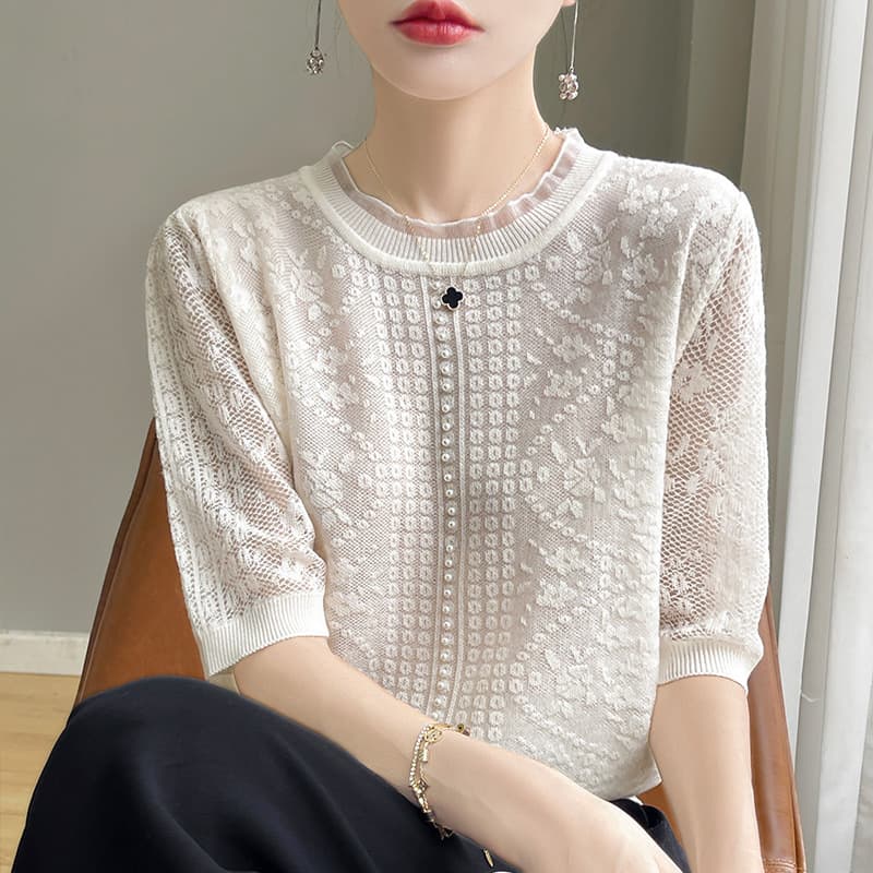 Tencel Lace Knitted Short Sleeve Women's Top Hollow out round Neck Loose Fashion Summer New Style Chinese Style Upperwear