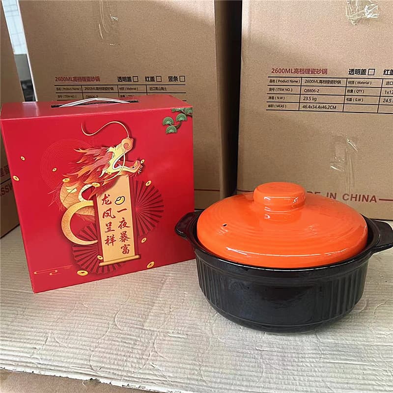 Heat-resistant ceramic casserole for home use, soup pot lithium ceramic large capacity 2600ml, open flame stone pot, vertical stripe sand pot, Chiba orange