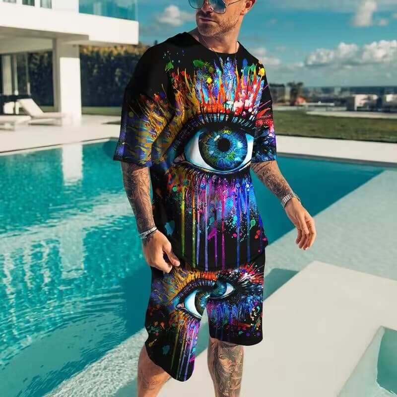 New Men's Fashion Printed Casual Short Sleeve Set 3D T-Shirt and Beach Shorts Set