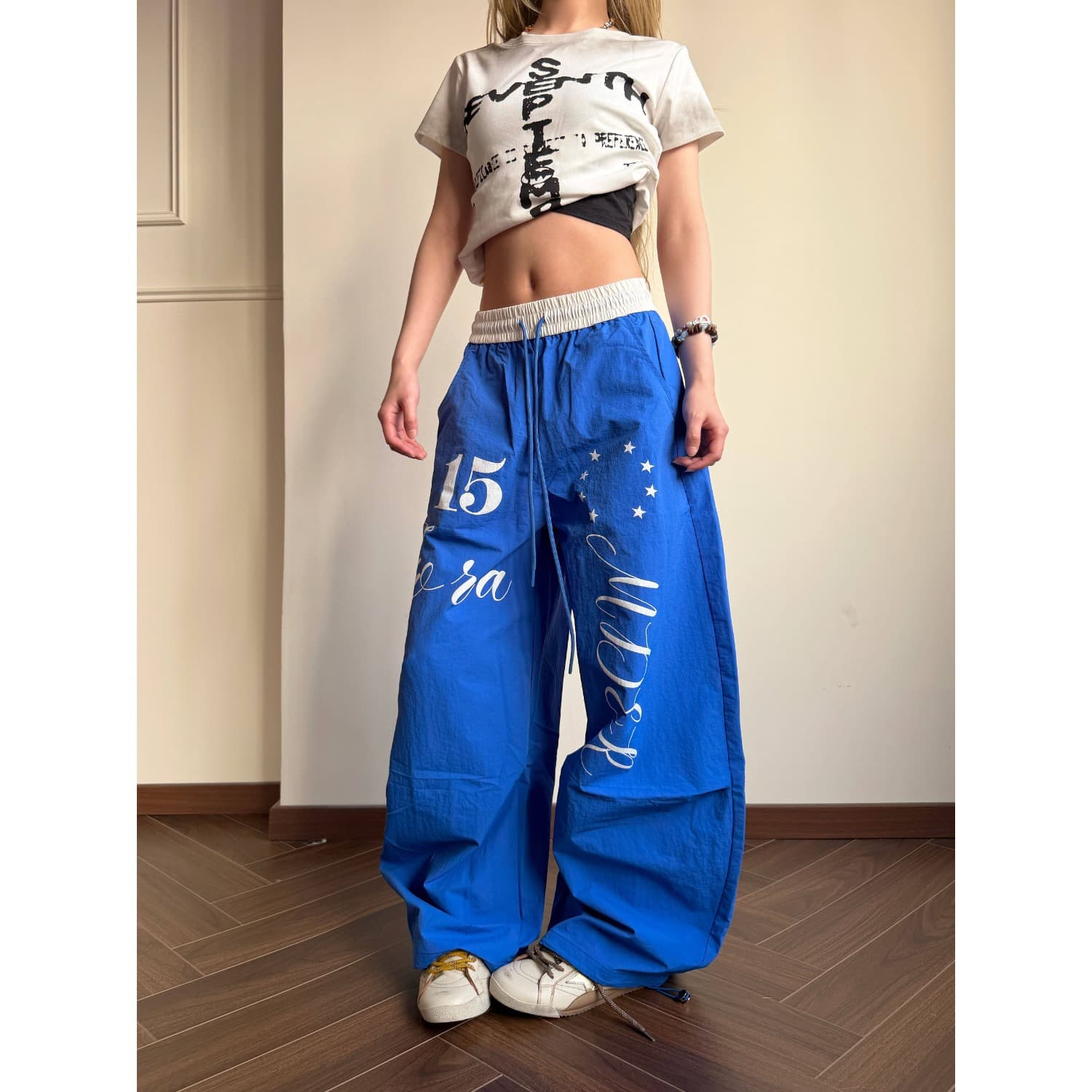 Popular American Street Style Jersey-Style Sports Quick-Dry Wide-Leg Pants for Men, Lightweight Loose Blue Star Print Casual Pants