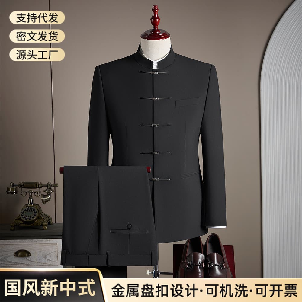 National style new Chinese style metal buckle suit suit men's high-end black stand-up collar tunic suit wedding engagement suit