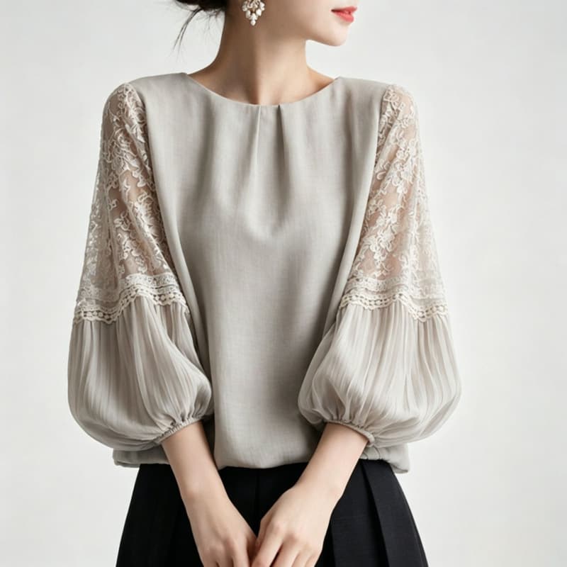 Japanese and Korean Spring New Design Lace Patch Lantern Sleeve Blouse for Women, Oversized Export Style Personality Top