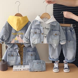 Boys Trendy Set 2026 Spring Autumn New Korean Style Denim Long Sleeve Three-Piece Baby Autumn Clothes Wholesale
