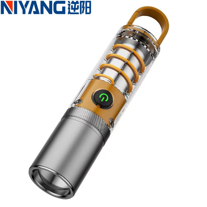 New Outdoor High-Power Flashlight with Zoom, Dual Spiral Ambient Light at Tail, Camping Light