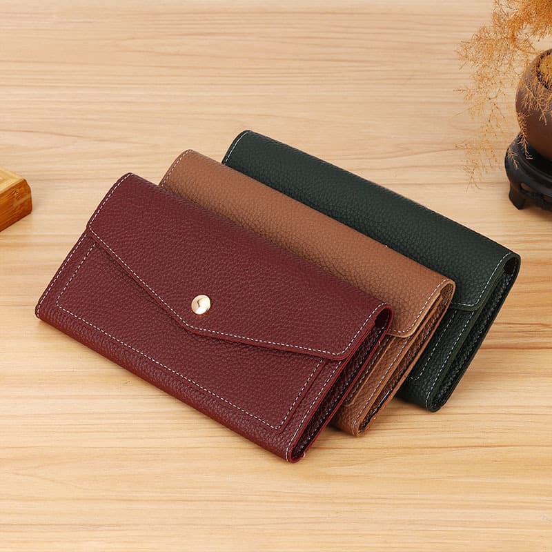 Genuine Leather Palm Grain Solid Color Envelope Long Wallet Cowhide Card Holder All-in-One Multifunctional Clutch Wallet