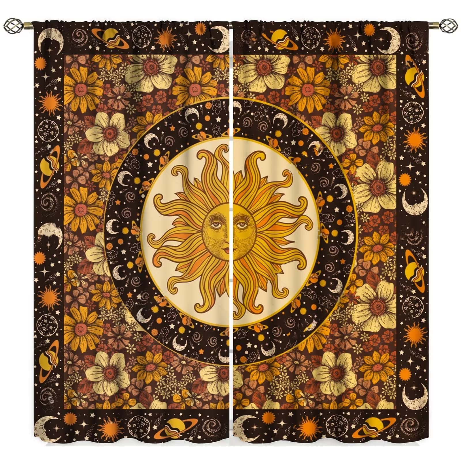 Cross-border Indian Boho Style Outer Space Universe Sun Moon Stars Digital Print Curtain for Bedroom Living Room Factory Direct