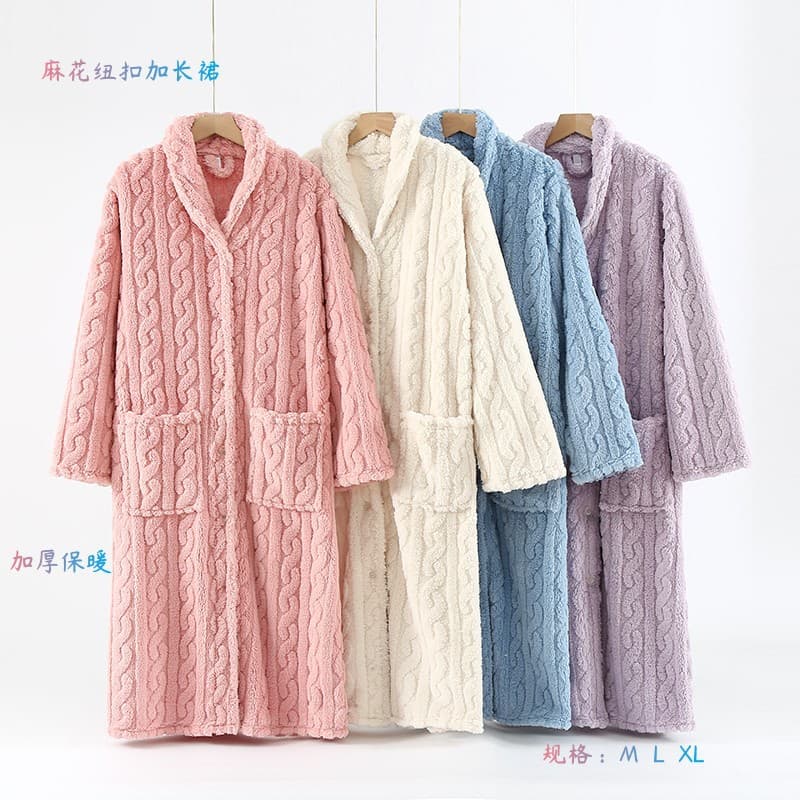 Thickened Autumn/Winter Jacquard Women's Long Dress Shawl Collar Button Down Robe Homewear