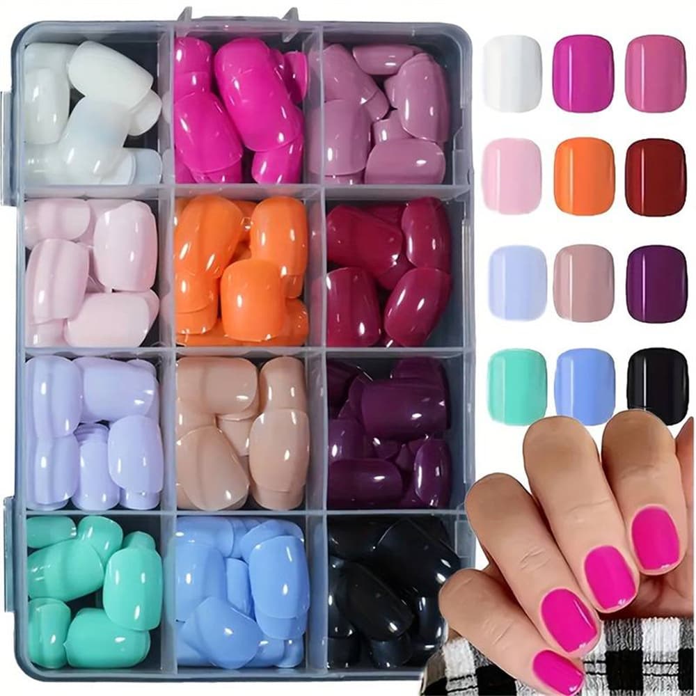 Cross-Border 12-Color Short Simple Solid Color Wearable Nails Short Square Multicolor Finished Nail Tips Detachable Nail Tips Wholesale