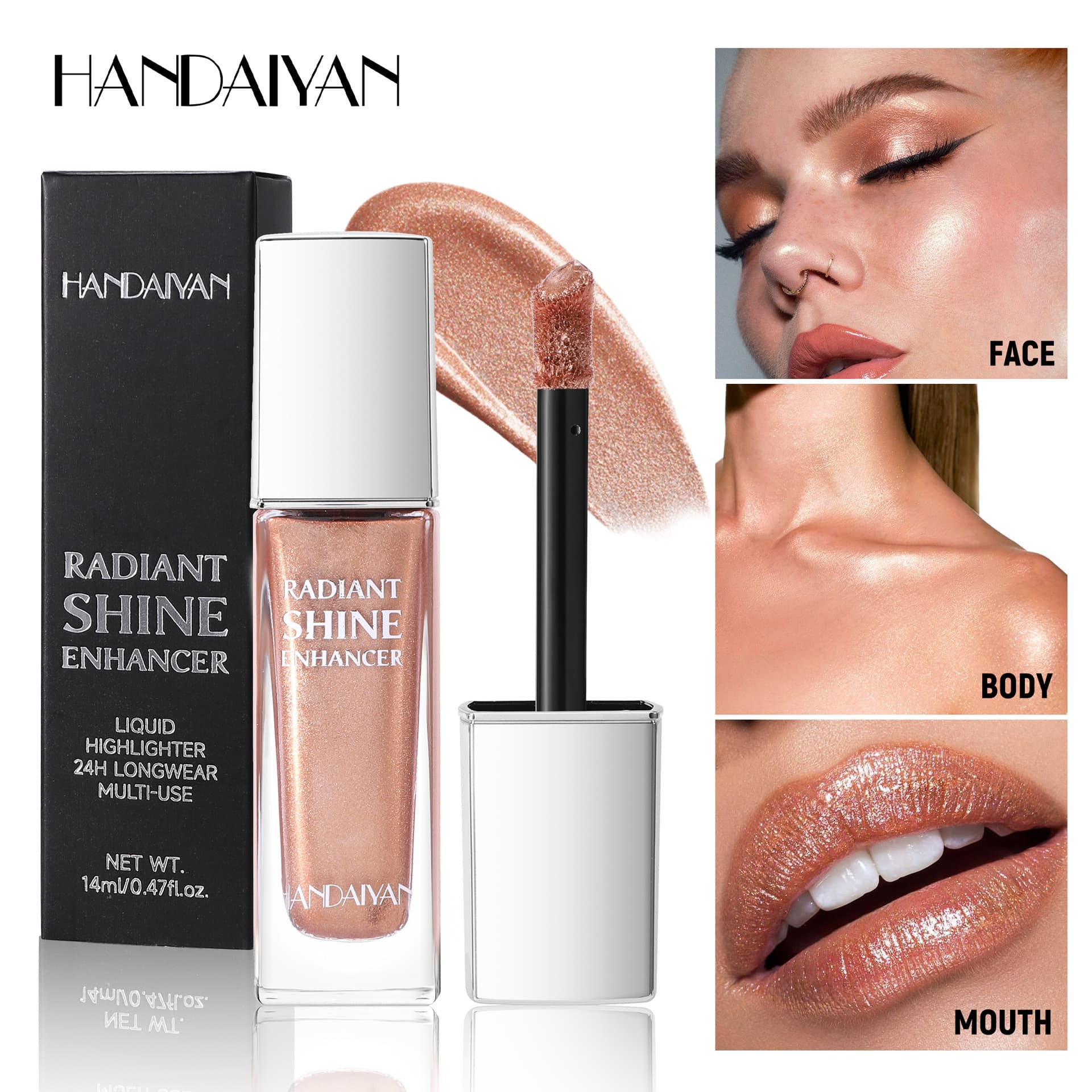 Cross-border high-gloss brightening liquid to brighten skin tone HANDAIYAN glass bottle high-gloss fine glitter 6-color liquid highlight