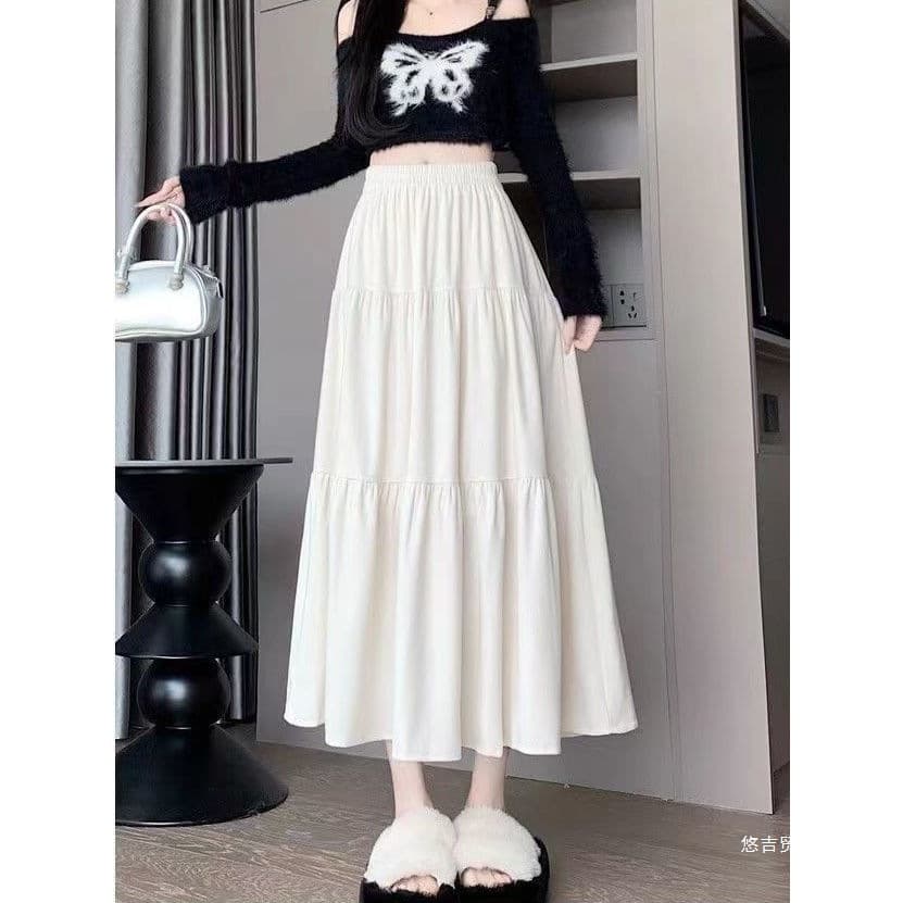 White New Half Skirt 2026 Autumn Winter Slimming High-Waist Petite Elegant Mid-Length Cake Skirt Long Skirt