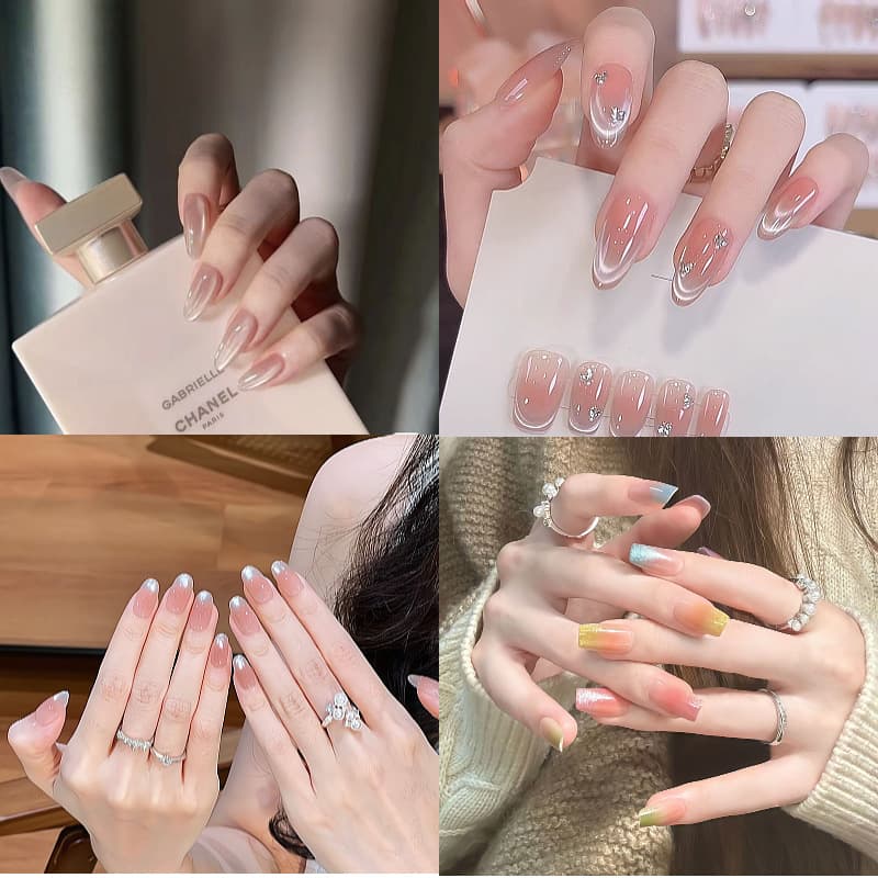 Handcrafted Hot-Selling Clear Cat Eye Daily Nude Side-Cat Eye Press-On Nails Removable Nail Tips Premium Fake Nails