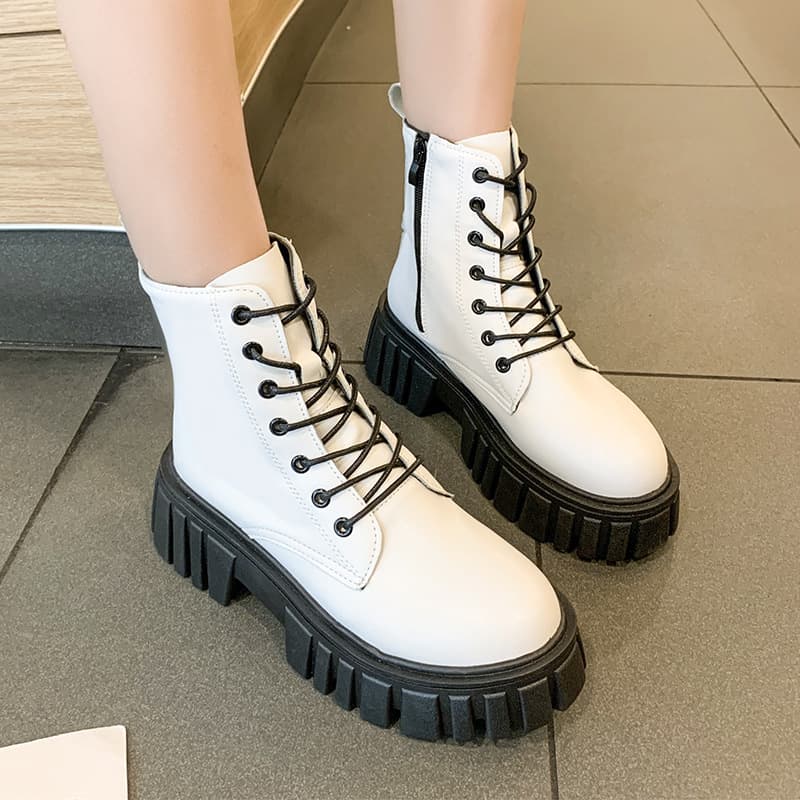 Short Chunky Heel Marten Boots for Women British Style 2024 Spring Autumn Single Boots White Mid-Calf Side Zipper Short Boots