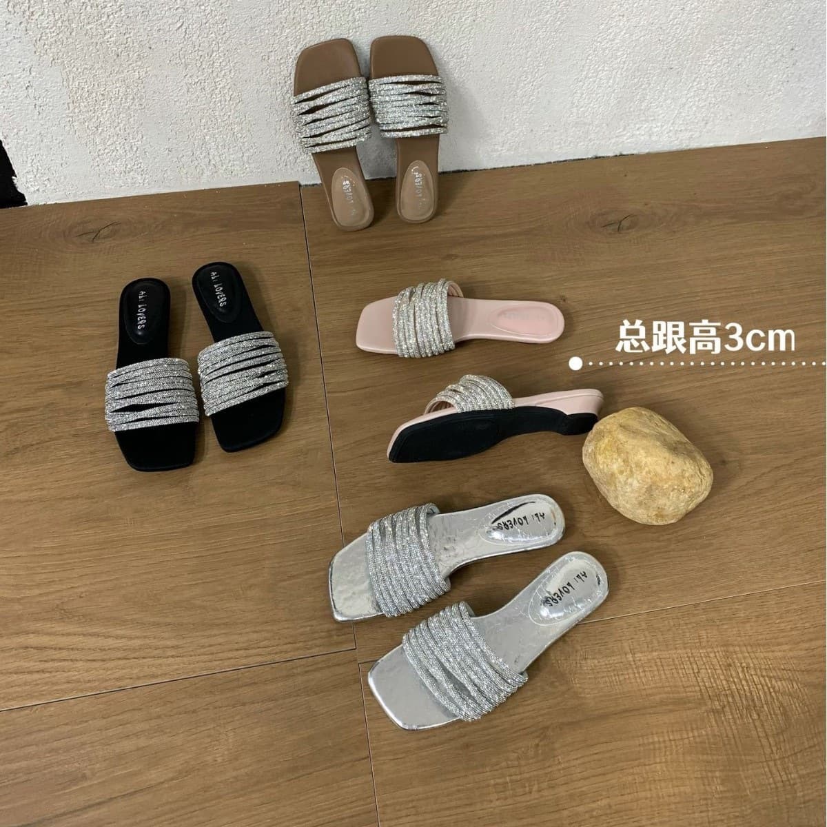 French Rhinestone Flat Slide Sandals Fairy Shoes 2026 Summer Outdoor Beach Dress Silver Sandals Women