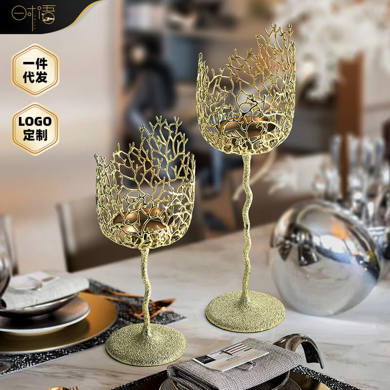 European Coral Tree Stemmed Glass Creative Hollow Electroplated Metal Candle Holder Ornament Luxury Living Room Dining Table Decoration