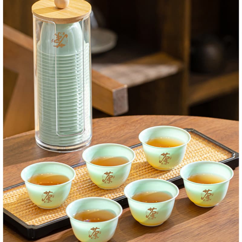 High-end jade green disposable Gongfu tea cups, thickened anti-scald small tea drinking cups, business guest serving tea tasting cups and tea set.