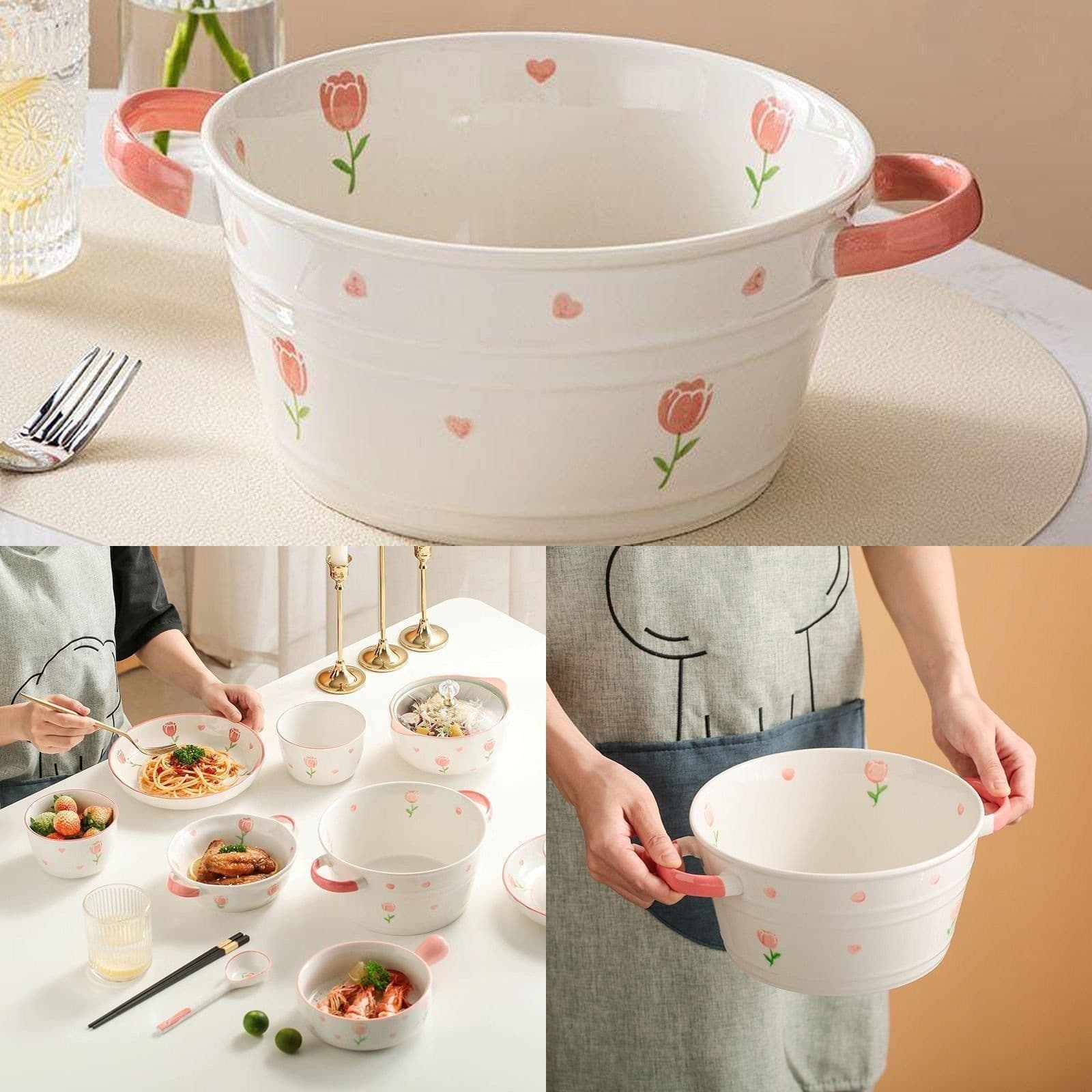 Tulip Double-Handled Large Soup Bowl 2L, Household Tableware, Pickled Cabbage Boiled Fish, Snail Rice Noodle Bowl, Large Soup Basin, Instant Noodle Bowl, Ceramic