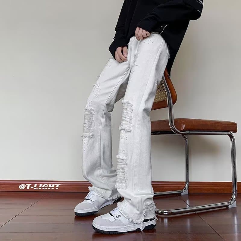 Men's American-style ripped frayed bootcut jeans, autumn pants, trendy vibe style, high-end slim fit skinny long pants