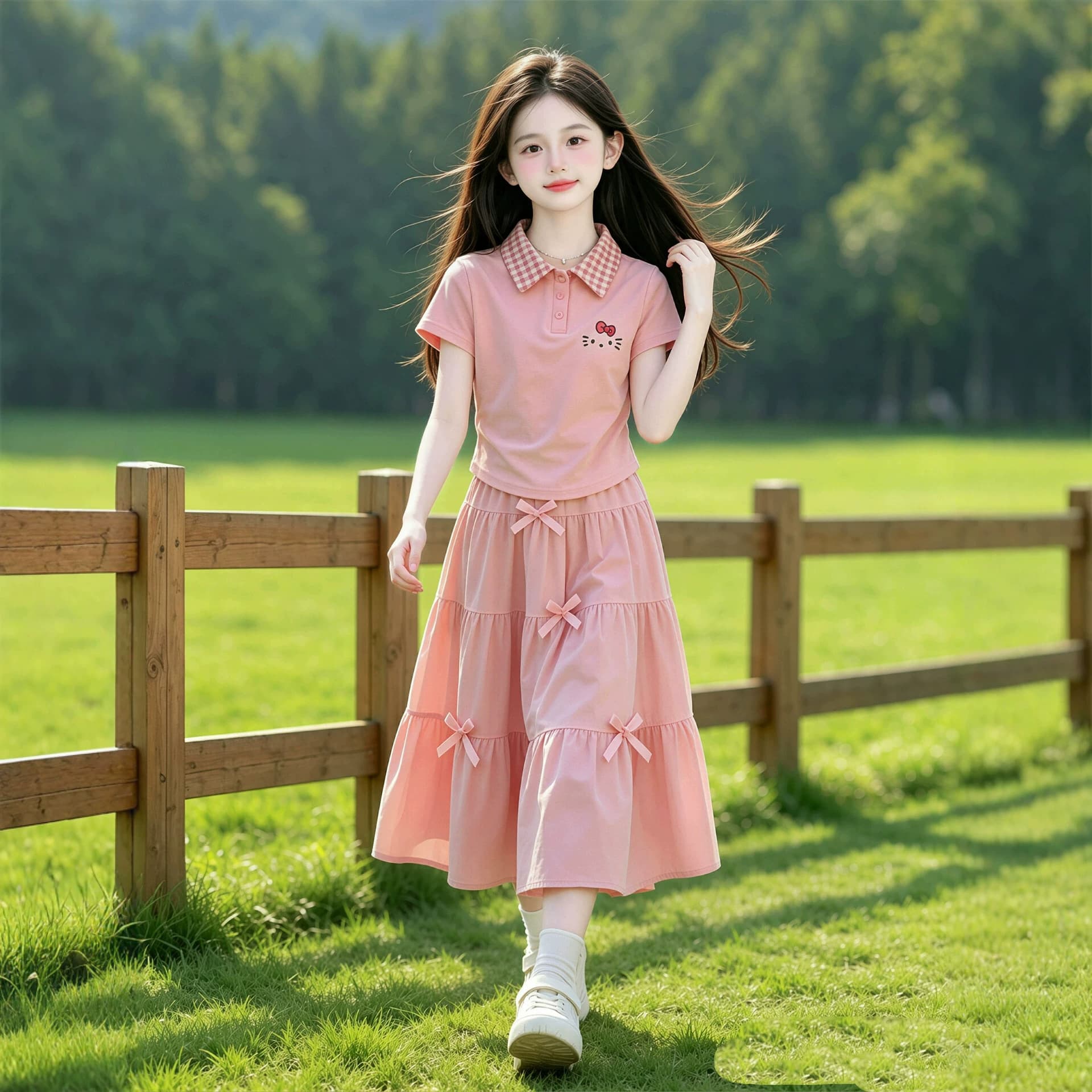 Girls' Summer Skirt Two-Piece Set, Stylish and Pretty Dress for Older Kids, Pink Casual Dress for Girls
