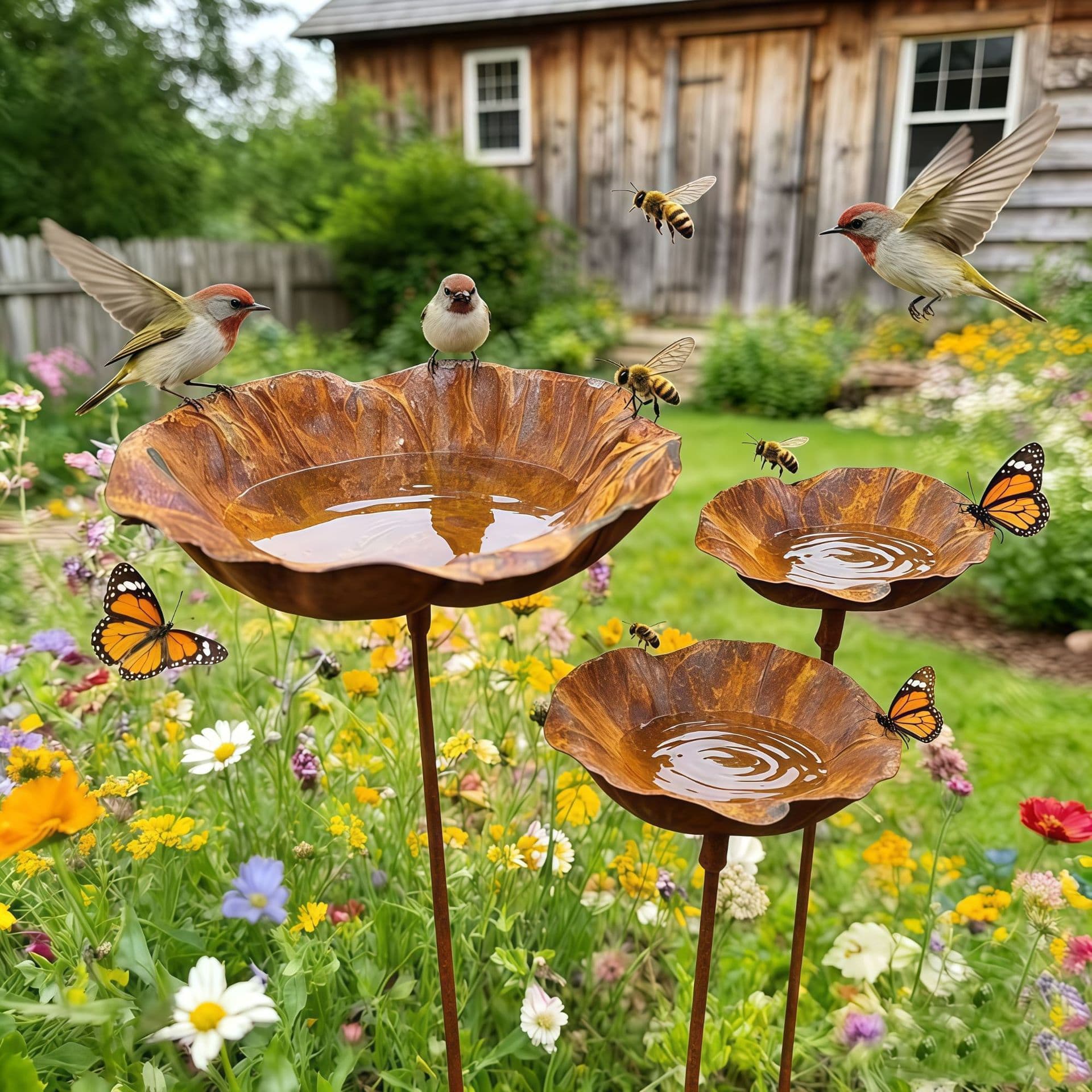 Cross-border hot-selling rust-style metal lotus ground inserts for outdoor gardens, rural courtyards, lawns, bird feeders and bird baths