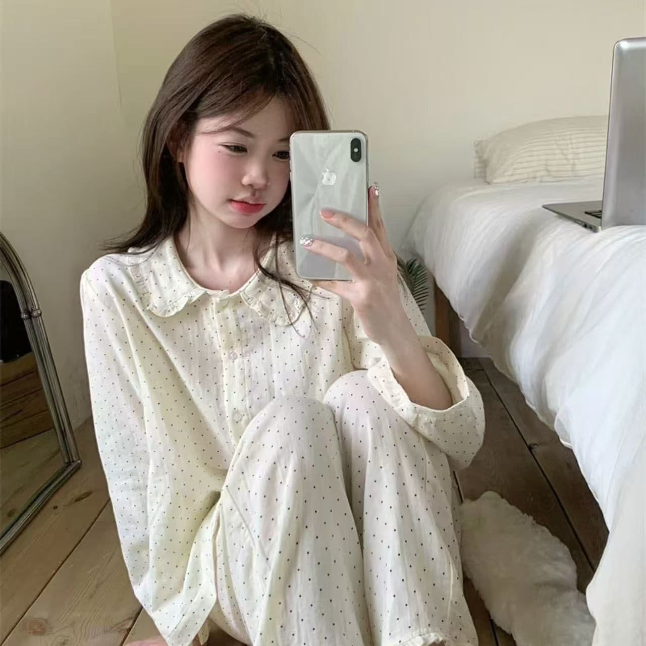 Factory Wholesale Spring Women's Pajamas New Cloud Cotton Long Sleeve Small Notch Lapel Long Sleeve Long Pants Casual Homewear Export