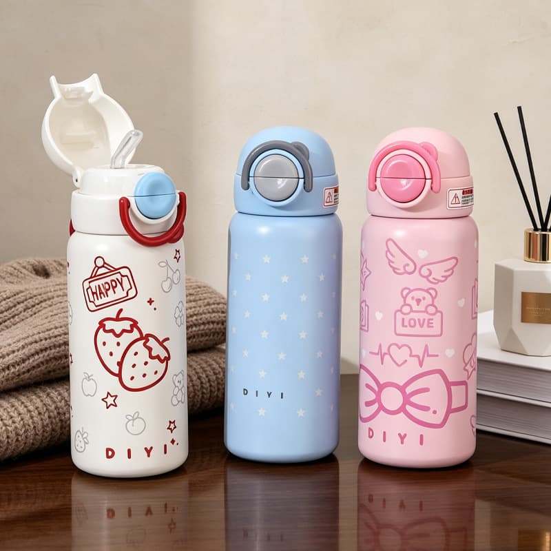 Cartoon Dual-Drink Pop-Up Insulated Water Bottle with Handle and Straw, 316 Stainless Steel, High Appearance