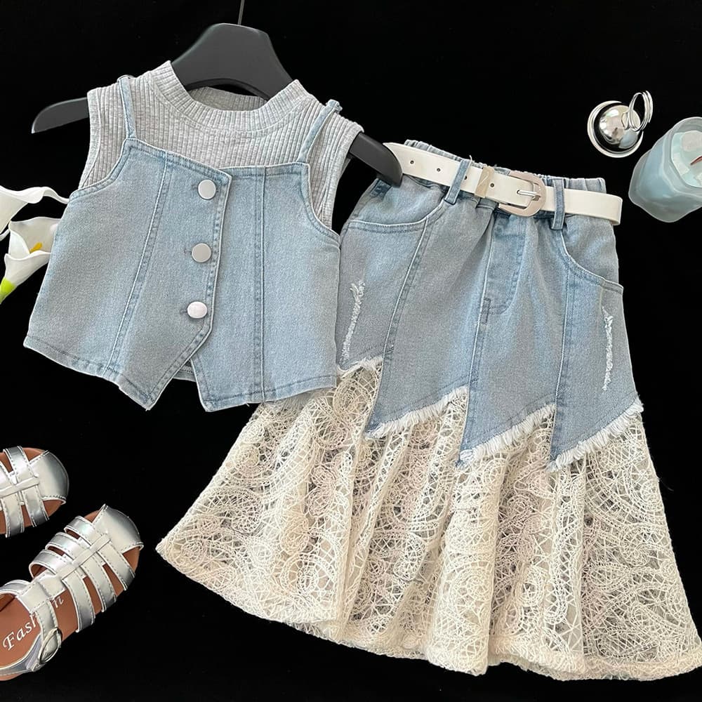 Girls denim skirt suit summer 2026 new fashionable lace stitching denim camisole three-piece set