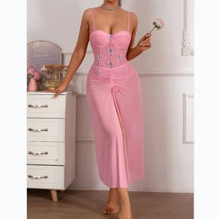 Cross-border Europe and America Sexy Lingerie Women's Mesh Temptation Push-up Flower Molded Cup Open Back Split Sexy Set