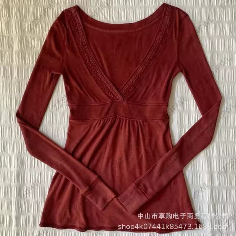 2025 new foreign trade fashion trend versatile American V-neck solid color long-sleeved T-shirt women's tops