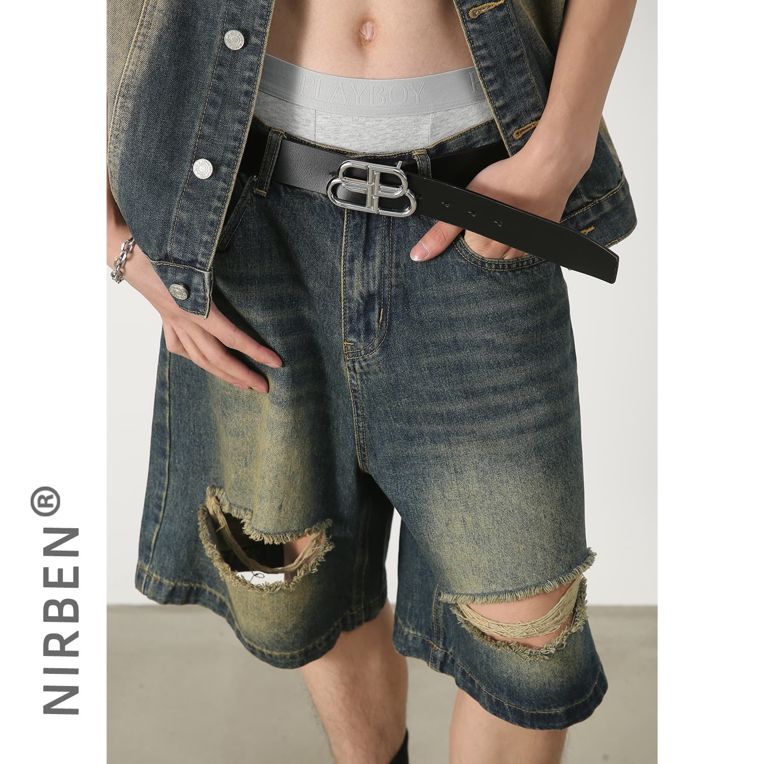 nirben Denim | Denim Vest and Shorts Set for Men, Trendy and Unique, Loose Korean Style Casual Sleeveless Two-Piece Set