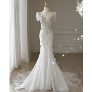 Luxury White Long Slim Fit Mermaid Wedding Dress for Bride, Sparkly Train Wedding Gown