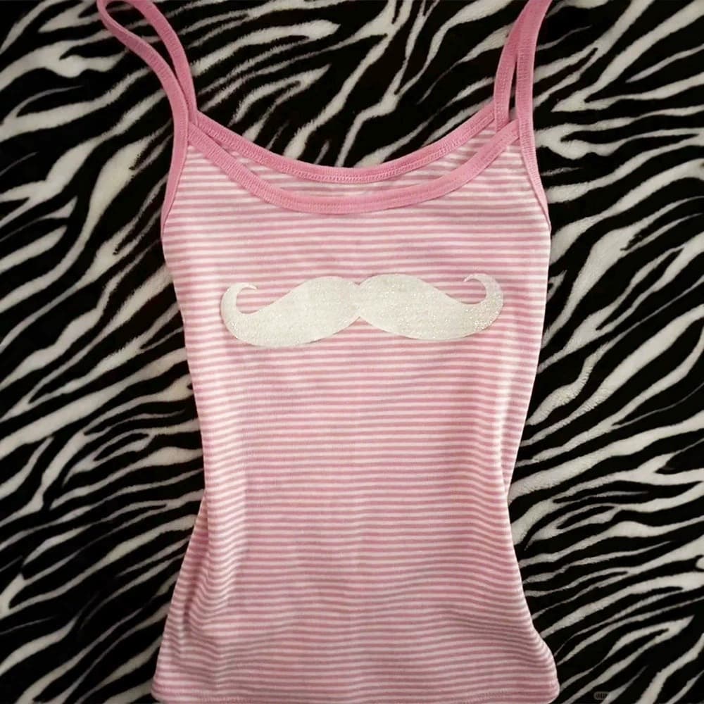 INS Top White Beard Print Pink Striped Design Sweet Cool Versatile Street Women's Summer Vest Camisole