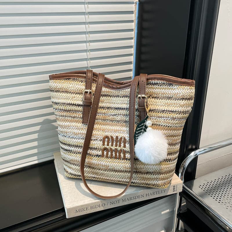 2026 New Rainbow Woven Tote Bag Women's Large Capacity Shoulder Bag Versatile Commuting Straw Bag Fashion Striped Handbag