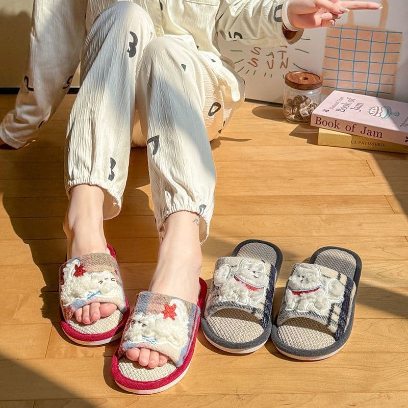 Four Seasons Linen Slippers for Women, Cartoon Cat Home Indoor Soft Sole, Summer Breathable Sweat-Absorbing Cotton Linen Slippers for Men