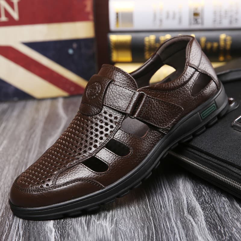 Cross-border Men's Sandals Summer Closed-Toe Leather Sandals for Middle-aged and Elderly Men, Genuine Leather Hollow Anti-slip Soft Sole Dad Sandals