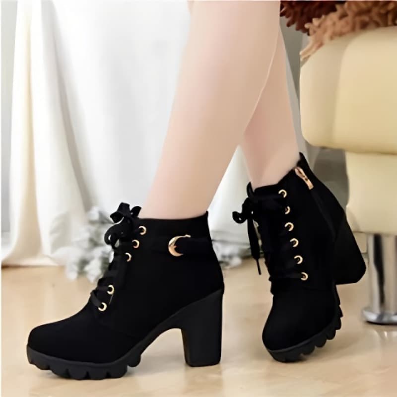 Jinbukang Autumn/Winter New Style British High Heel Chunky Heel Women's Boots Lace-up Short Boots Women's Short Boots Martin Boots Single Boots