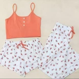 Cross-Border EU & US Women's Pajama Set Loungewear – Camisole Top with Shorts, Ribbed Large Floral Print 3-Piece Set
