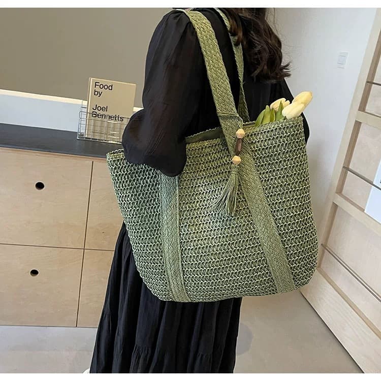 New Tassel Zipper Straw Bag Women Handwoven Bag Vacation Beach Bag Large Capacity Shoulder Tote Bag