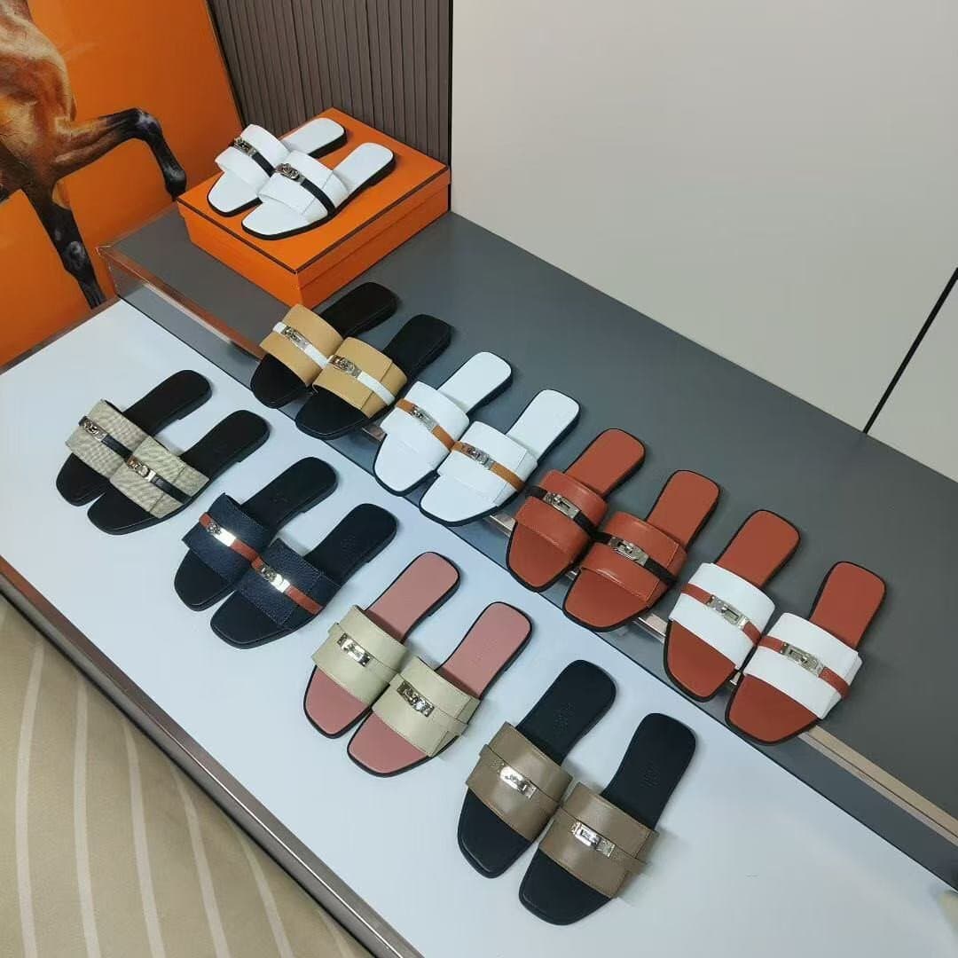High-End Version H Brand Women's Slippers, Sheepskin Buckle Strap Flat Beach Sandals, Simple Style Cool Slippers for Women