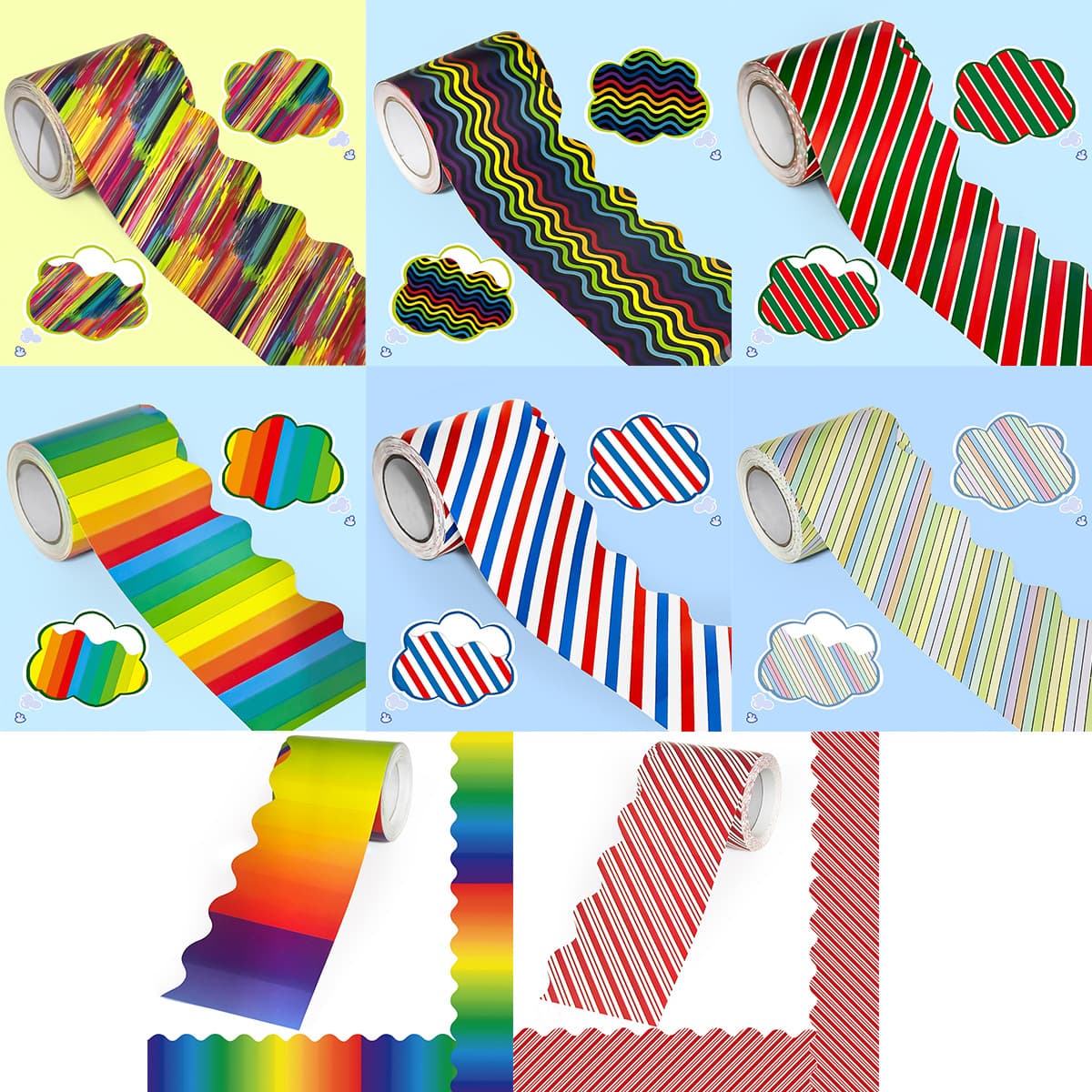 Border and decorative edge strips, 10 meters long, 8 types of colorful border decorative paper, party decoration and landscaping wallpaper