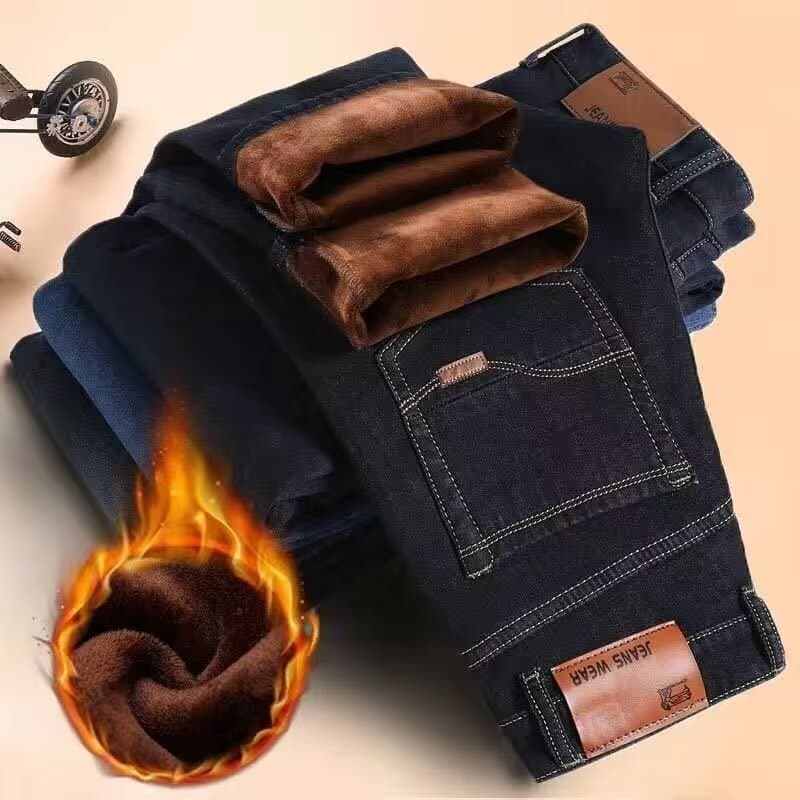 AliExpress autumn/winter new jeans men's fleece-lined thickened straight-leg slim-fit high-waist oversized warm work long trousers.
