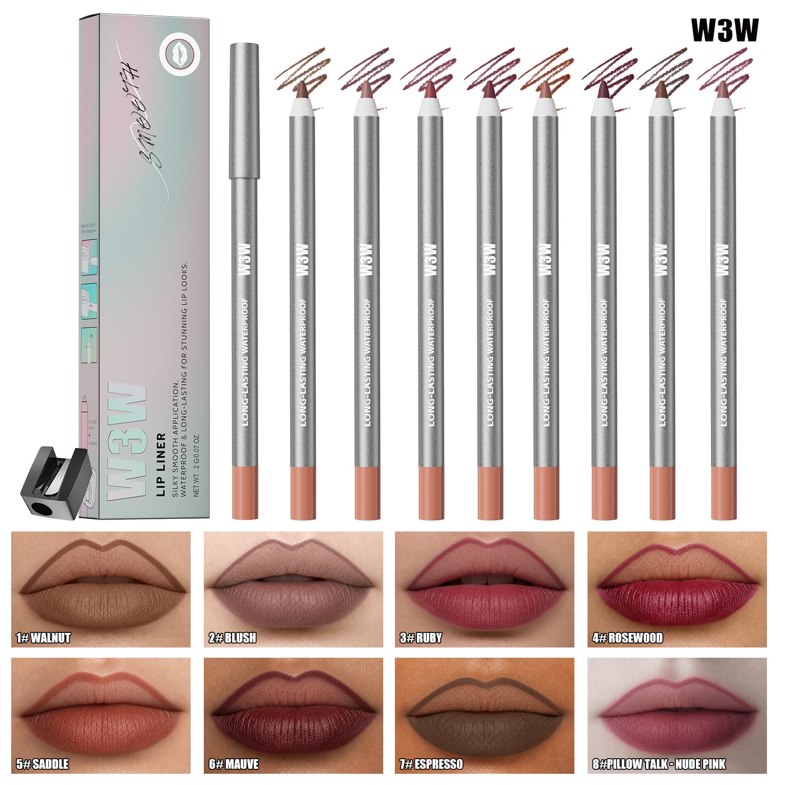 Amazon TK Hot-Selling W3W Waterproof Lip Liner Pencil Long-Lasting Eyeliner and Lip Liner Dual-Use Sharpenable Lip Liner Pencil