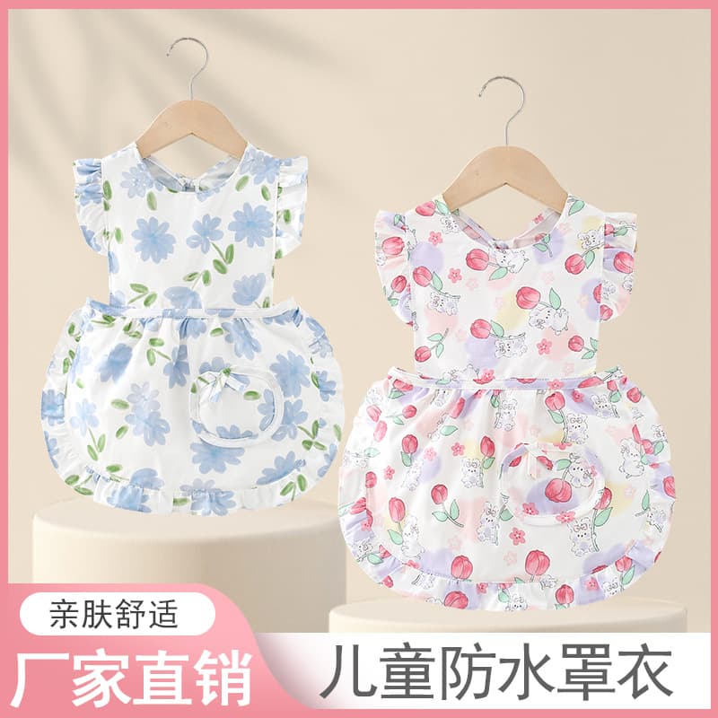 Princess Dress Baby Girl Summer Cotton Dress with Waterproof Bib, Fashionable and Elegant